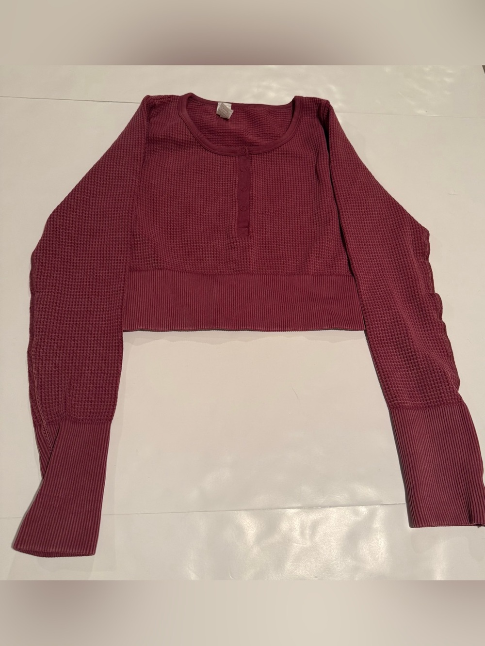 Aerie Cropped Waffle Henley Long Sleeve Top - Burgundy